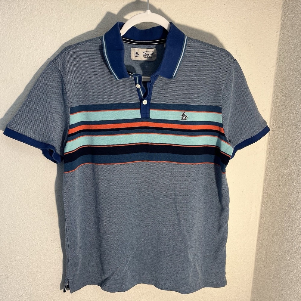Original Penguin Munisingwear Polo Shirt Mens Large Short Sleeve Blue Striped